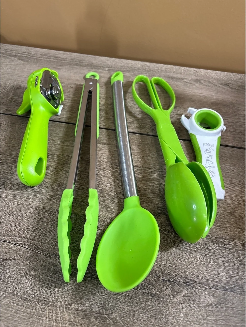 Green Kitchen Utensil Set with Tongs, Scissors, Spoon, Can Opener, and More